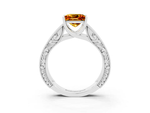 White gold Princess Cut Citrine Solitaire Ring with Engraved Band and Four-Prong Setting_3