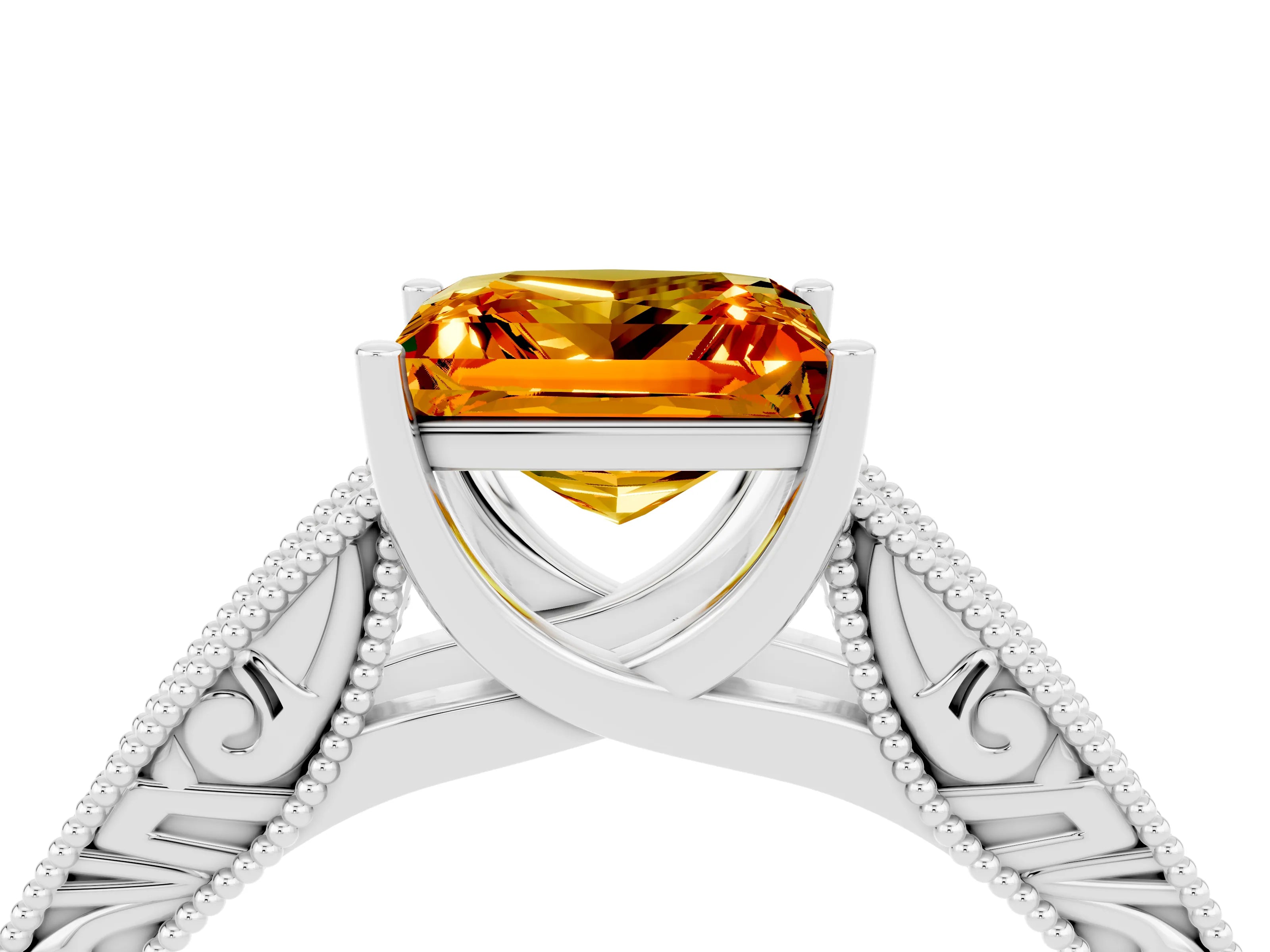 White gold Princess Cut Citrine Solitaire Ring with Engraved Band and Four-Prong Setting_4