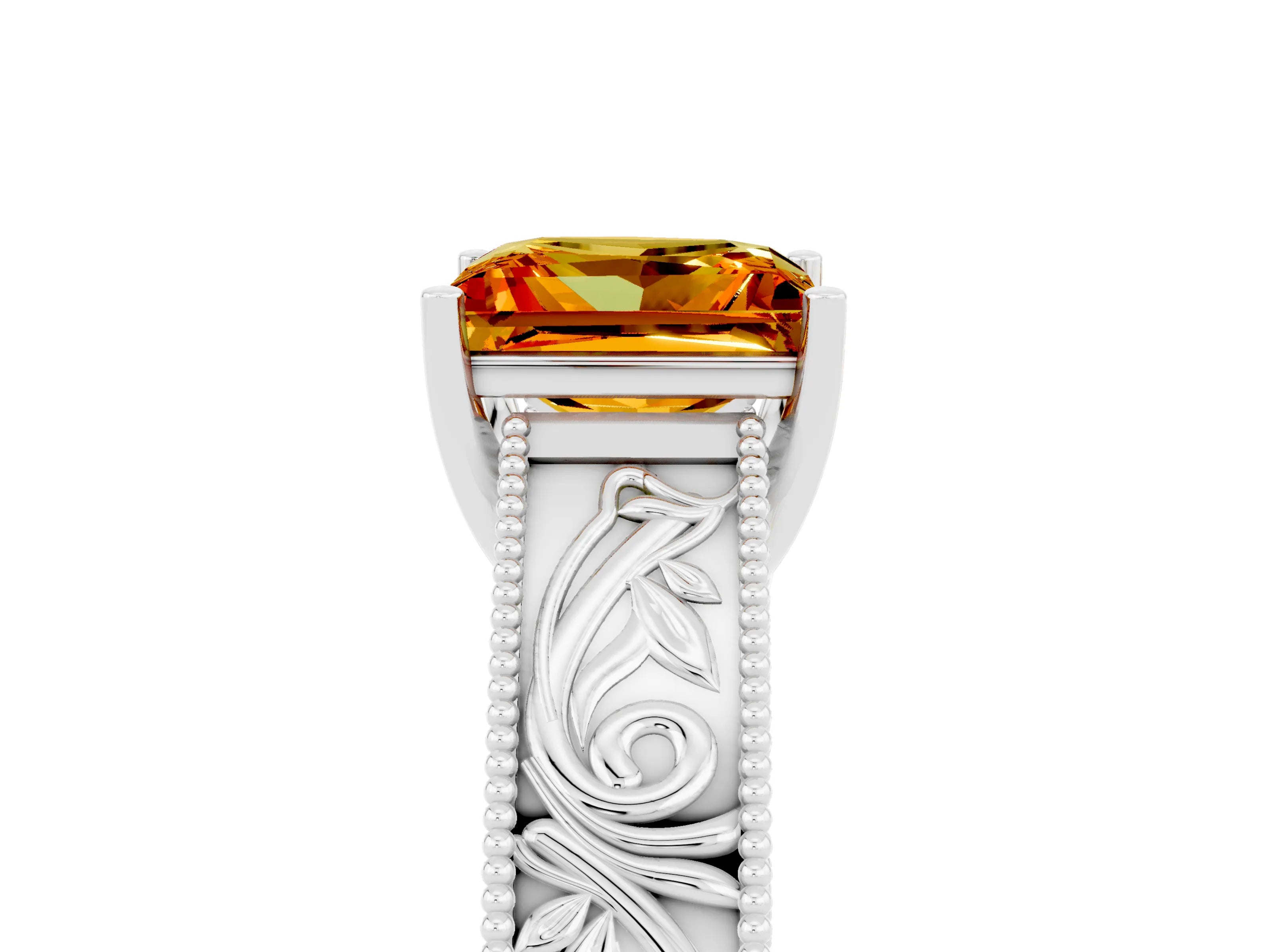 White gold Princess Cut Citrine Solitaire Ring with Engraved Band and Four-Prong Setting_5