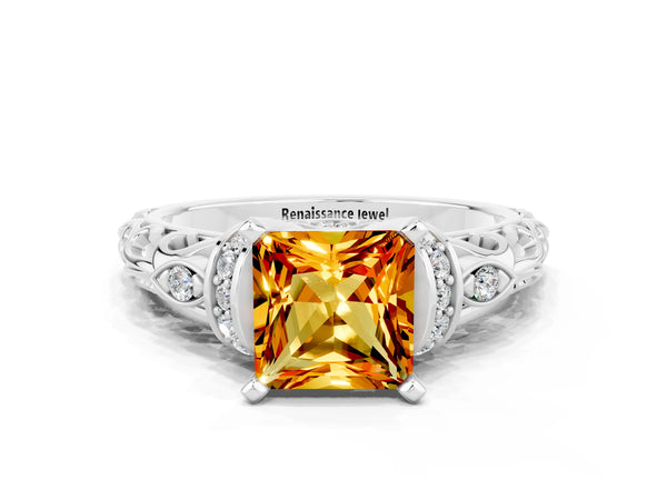 Platinum Princess Cut Citrine Solitaire Ring with Filigree Band and Four-Prong Setting