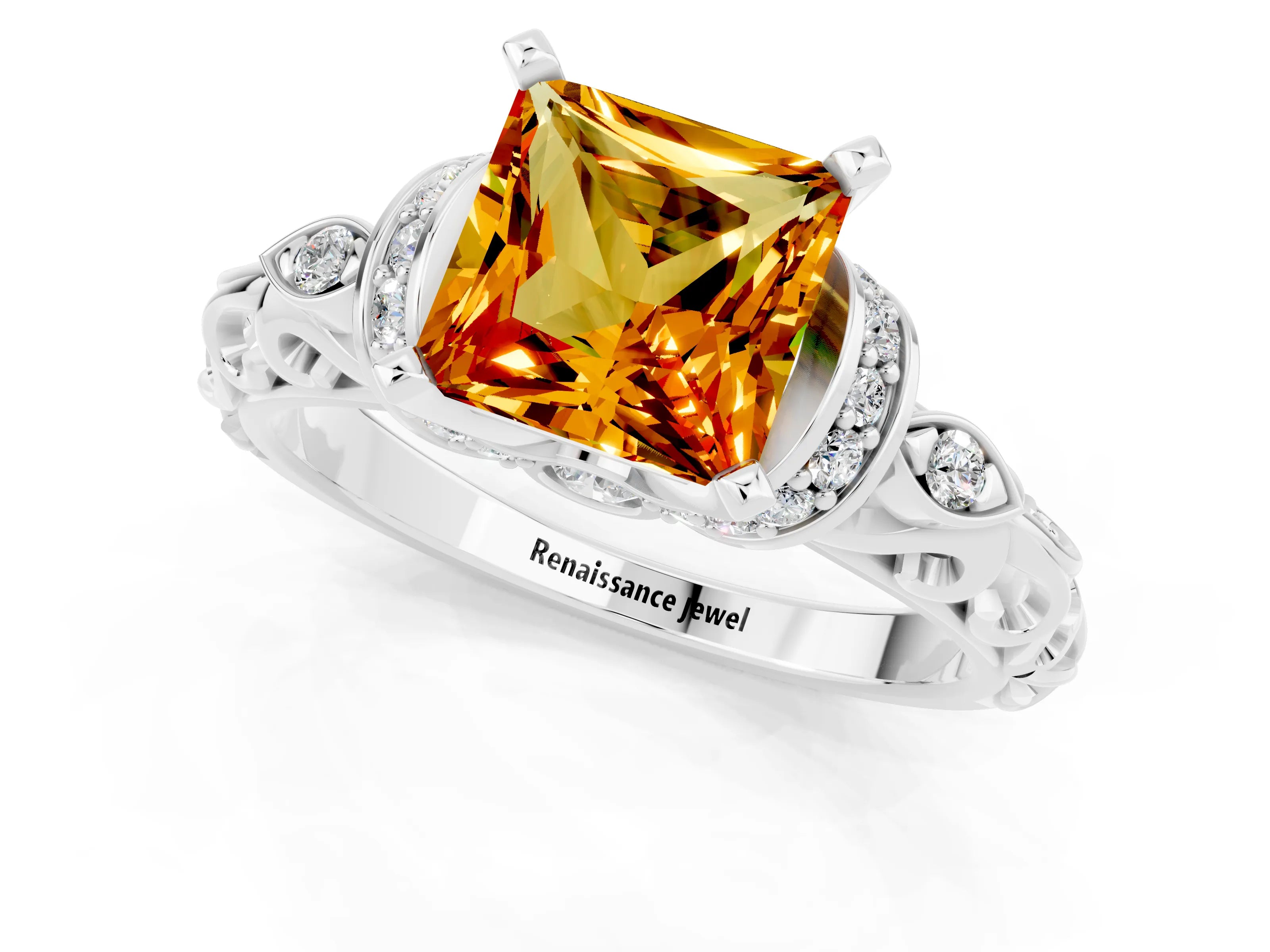 White gold Princess Cut Citrine Solitaire Ring with Filigree Band and Four-Prong Setting_25
