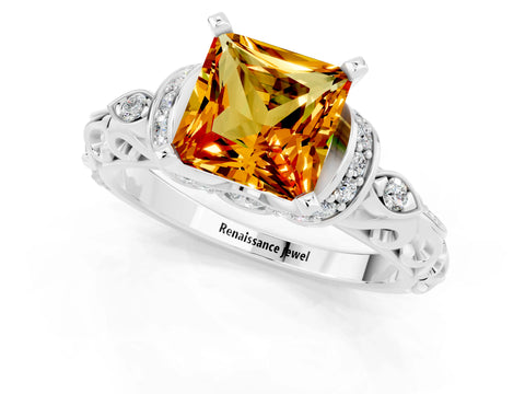 White gold Princess Cut Citrine Solitaire Ring with Filigree Band and Four-Prong Setting_25