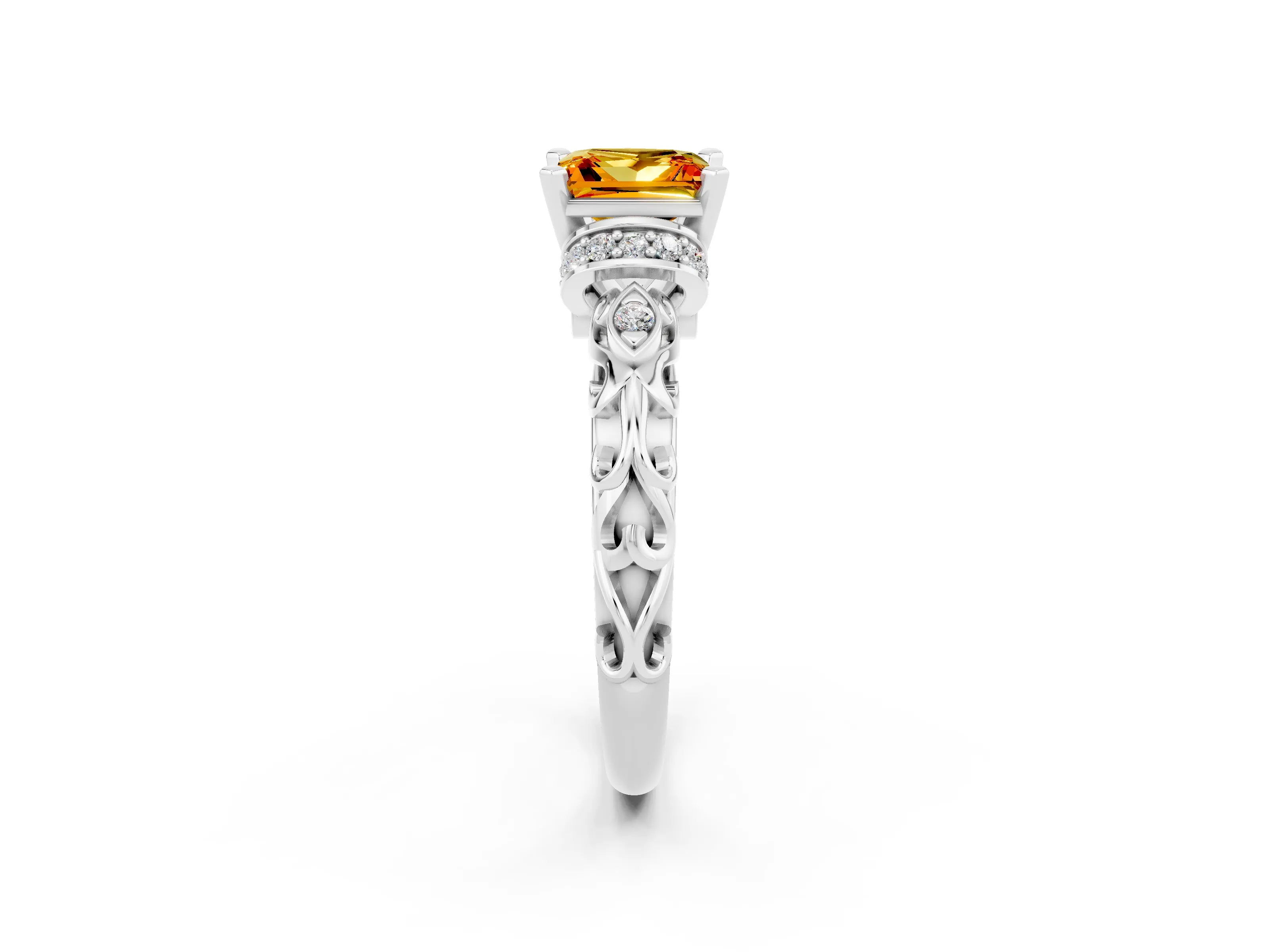 White gold Princess Cut Citrine Solitaire Ring with Filigree Band and Four-Prong Setting_26