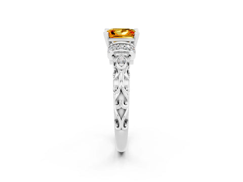 White gold Princess Cut Citrine Solitaire Ring with Filigree Band and Four-Prong Setting_26