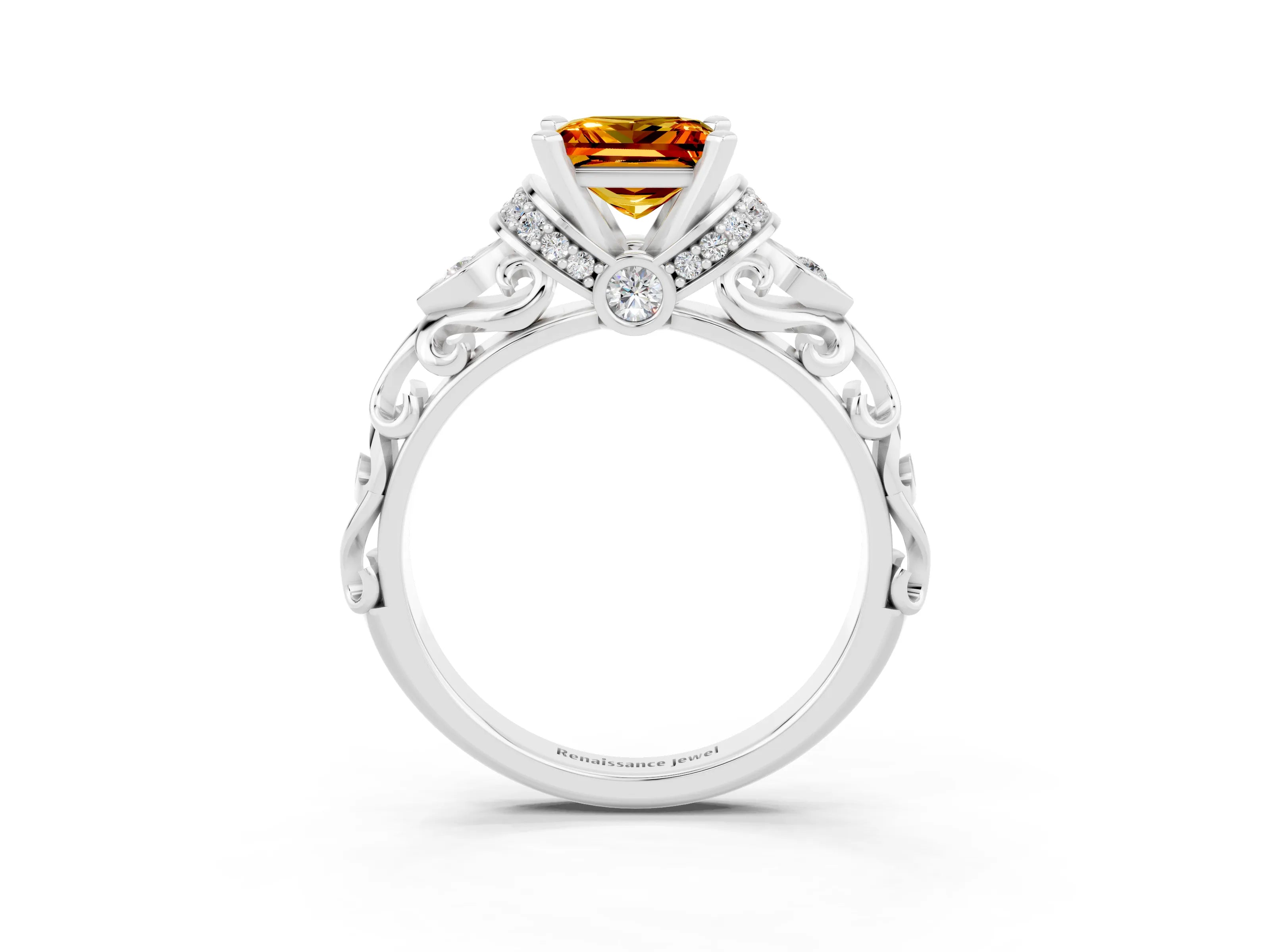 White gold Princess Cut Citrine Solitaire Ring with Filigree Band and Four-Prong Setting_27