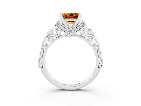 White gold Princess Cut Citrine Solitaire Ring with Filigree Band and Four-Prong Setting_27