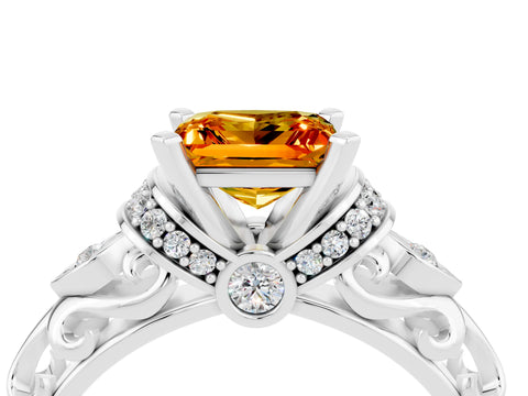 White gold Princess Cut Citrine Solitaire Ring with Filigree Band and Four-Prong Setting_28