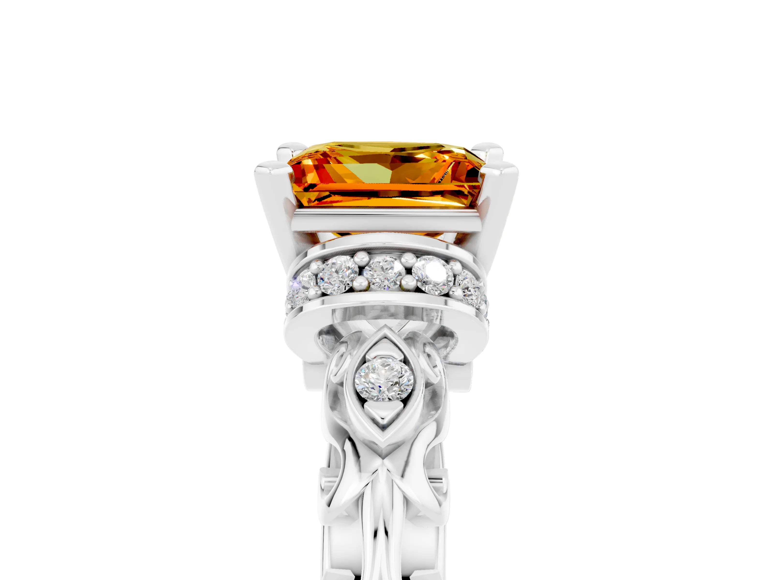 White gold Princess Cut Citrine Solitaire Ring with Filigree Band and Four-Prong Setting_29