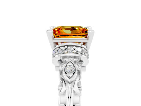 White gold Princess Cut Citrine Solitaire Ring with Filigree Band and Four-Prong Setting_29