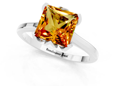 White gold Princess Cut Citrine Solitaire Ring with Flower Prong Setting and Classic Band_25