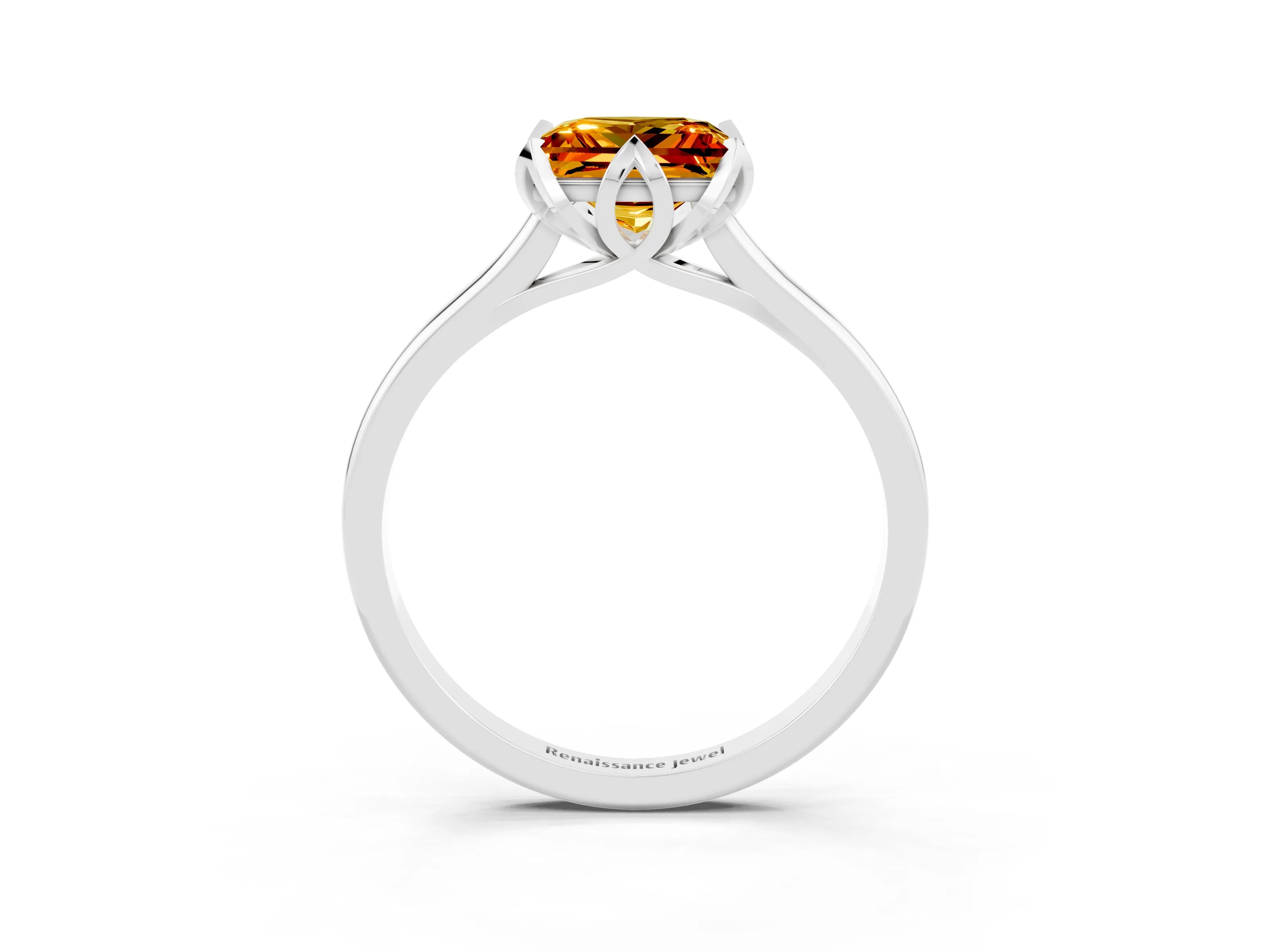 White gold Princess Cut Citrine Solitaire Ring with Flower Prong Setting and Classic Band_27