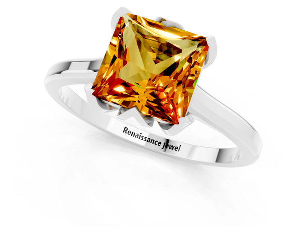 Platinum Princess Cut Citrine Solitaire Ring with Flower Prong Setting and Classic Band