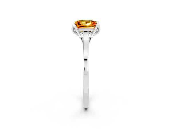 Platinum Princess Cut Citrine Solitaire Ring with Flower Prong Setting and Classic Band