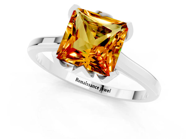 White gold Princess Cut Citrine Solitaire Ring with Flower Prong Setting and Classic Band