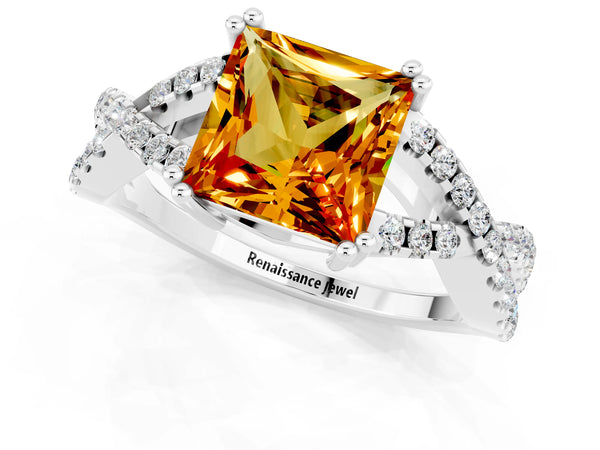 Platinum Princess Cut Citrine Solitaire Ring with Four-Prong Setting and Twisted Pavé Band