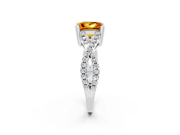 Platinum Princess Cut Citrine Solitaire Ring with Four-Prong Setting and Twisted Pavé Band