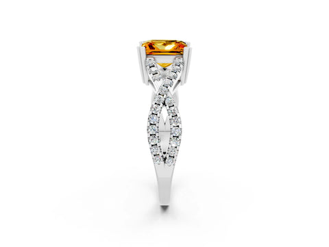 White gold Princess Cut Citrine Solitaire Ring with Four-Prong Setting and Twisted Pavé Band_2