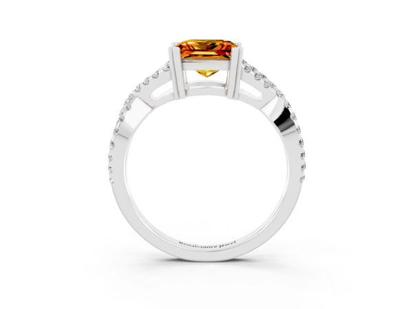 Silver Princess Cut Citrine Solitaire Ring with Four-Prong Setting and Twisted Pavé Band