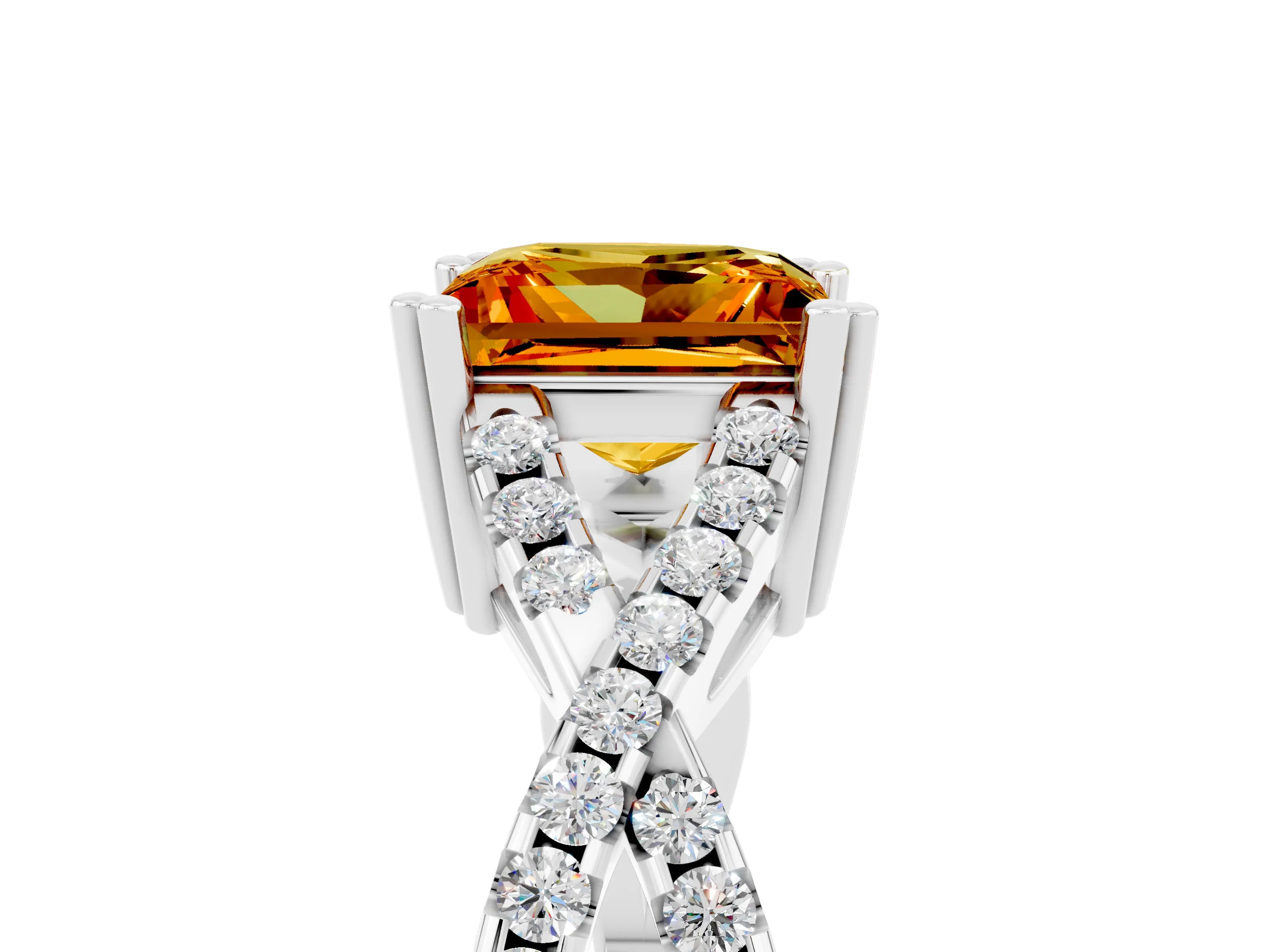 White gold Princess Cut Citrine Solitaire Ring with Four-Prong Setting and Twisted Pavé Band_5