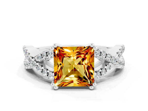 Silver Princess Cut Citrine Solitaire Ring with Four-Prong Setting and Twisted Pavé Band