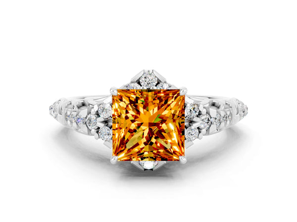 Platinum Princess Cut Citrine Solitaire Ring with Hidden Halo and Pavé Band