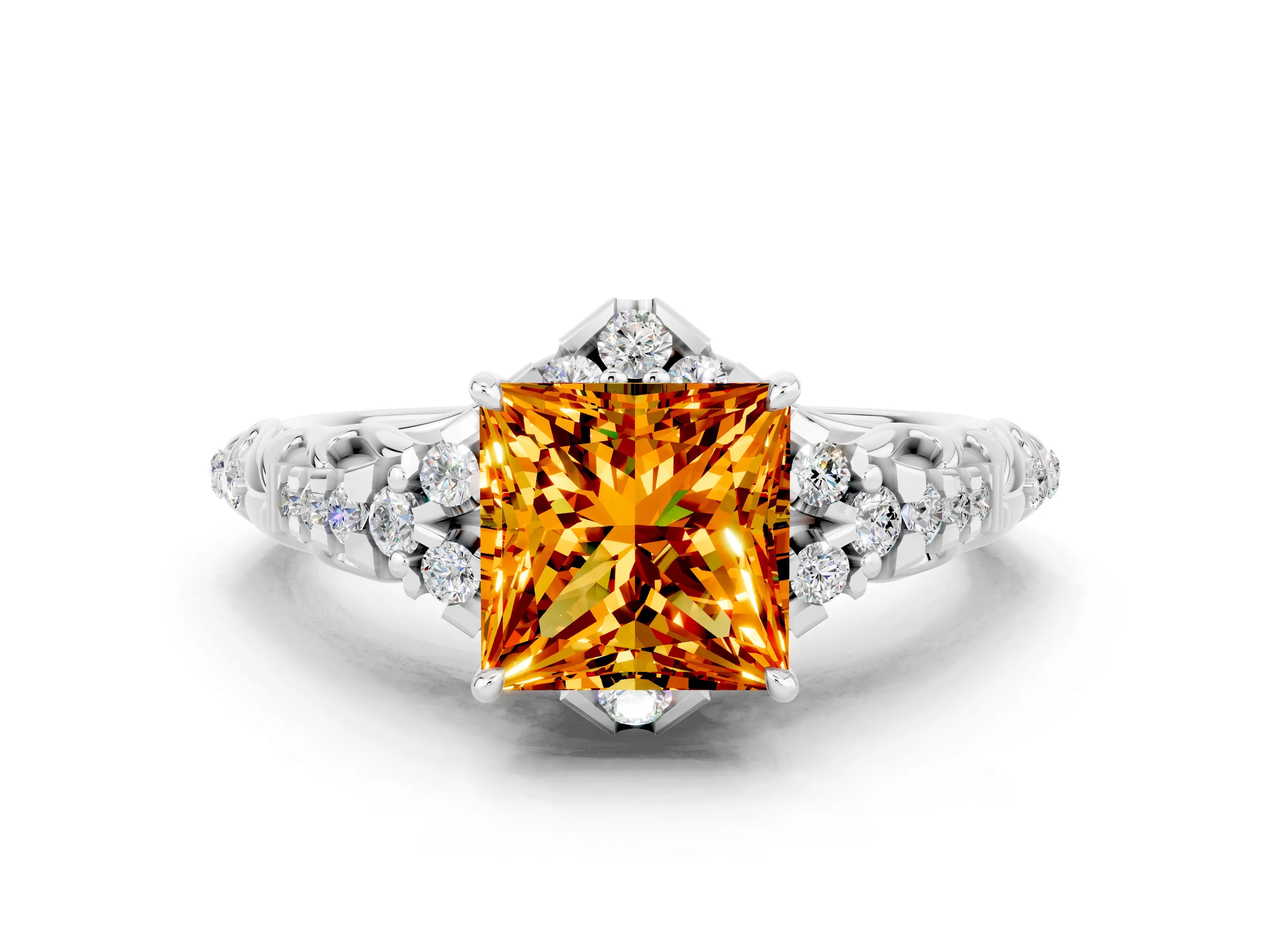 White gold Princess Cut Citrine Solitaire Ring with Hidden Halo and Pavé Band_12