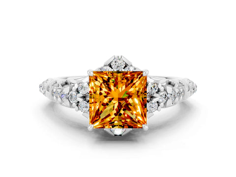 White gold Princess Cut Citrine Solitaire Ring with Hidden Halo and Pavé Band_12