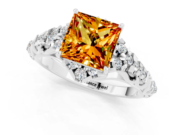 White gold Princess Cut Citrine Solitaire Ring with Hidden Halo and Pavé Band