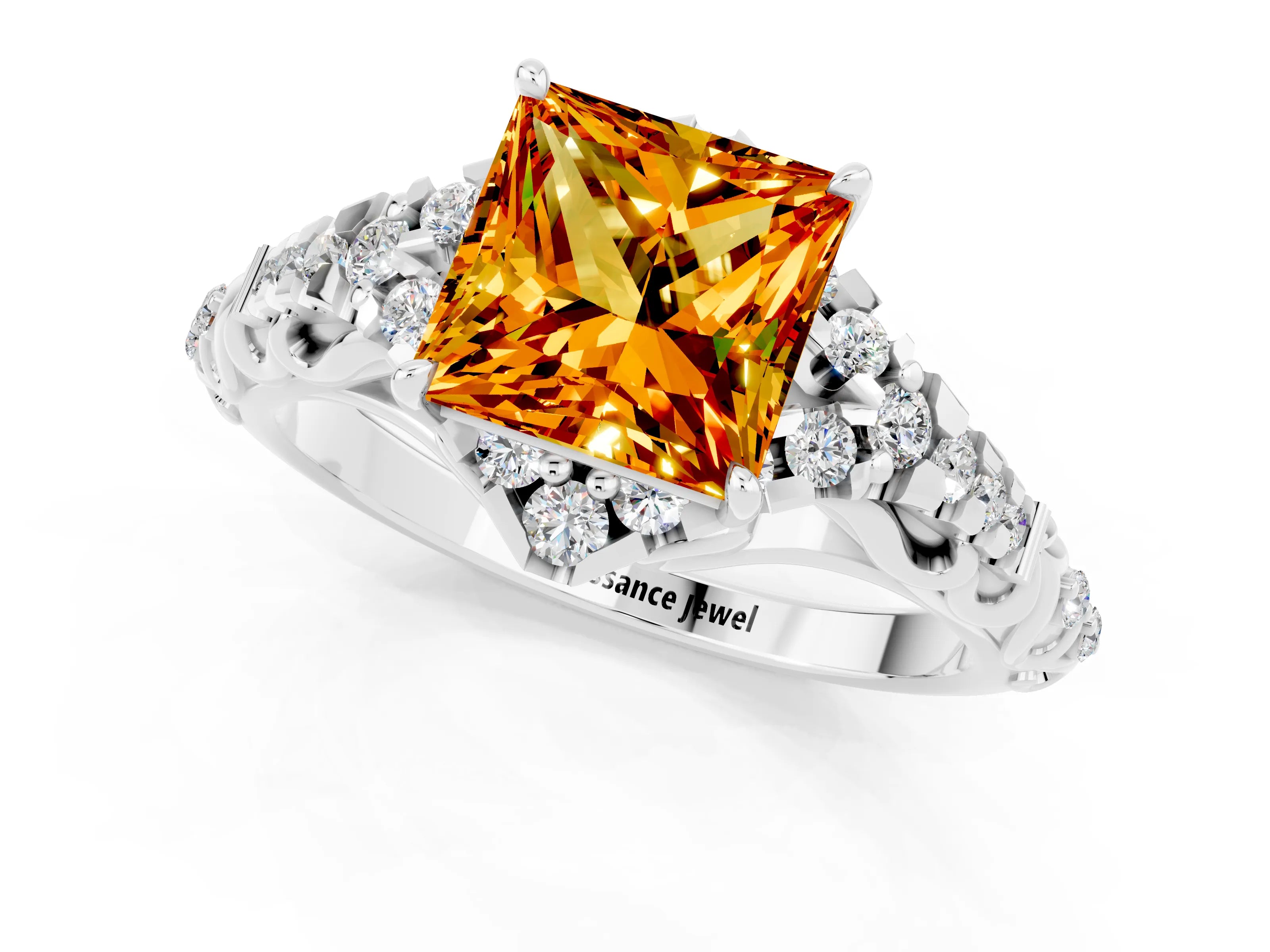 White gold Princess Cut Citrine Solitaire Ring with Hidden Halo and Pavé Band_13