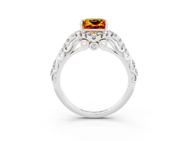 Silver Princess Cut Citrine Solitaire Ring with Hidden Halo and Pavé Band