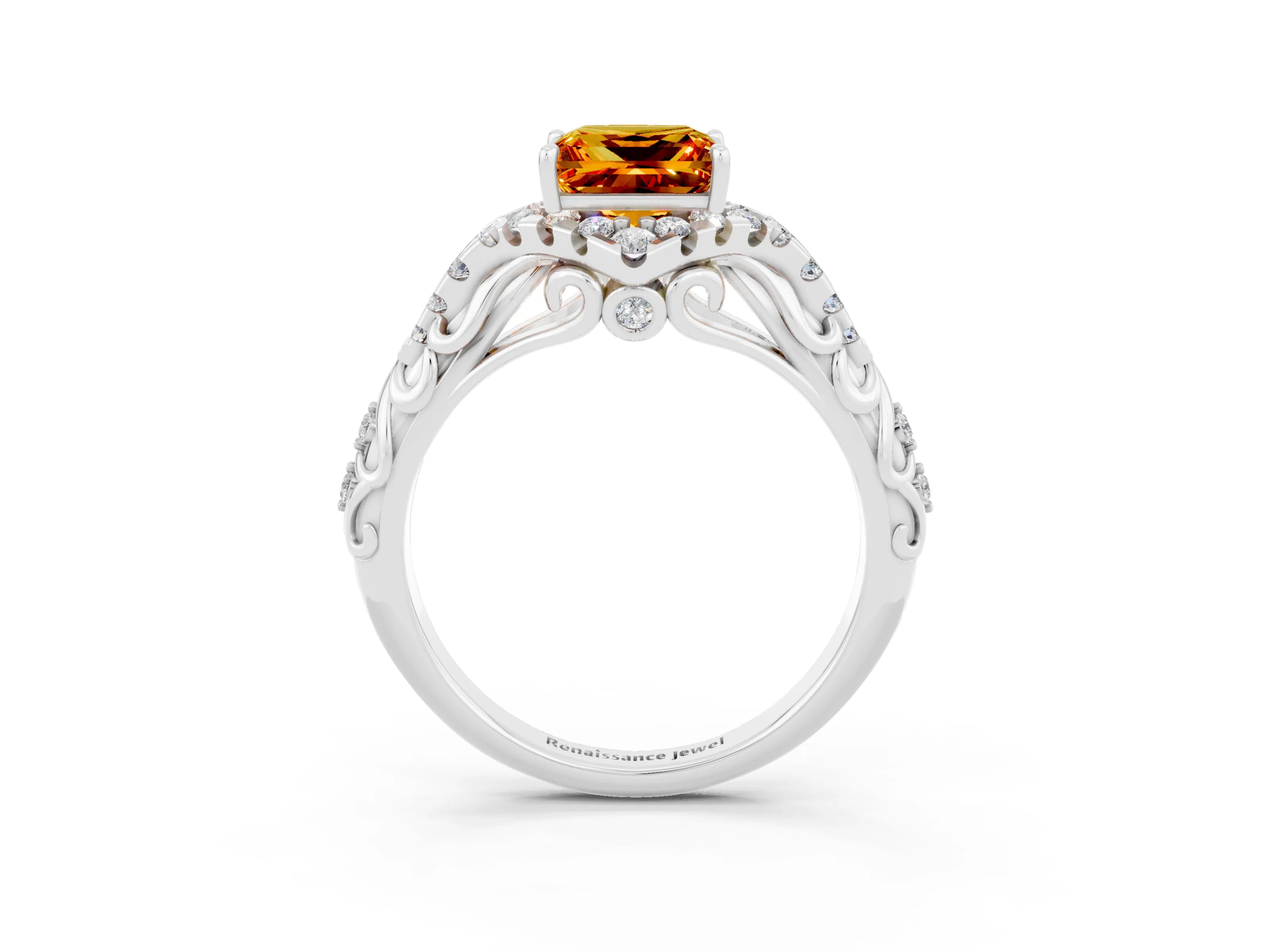 White gold Princess Cut Citrine Solitaire Ring with Hidden Halo and Pavé Band_15