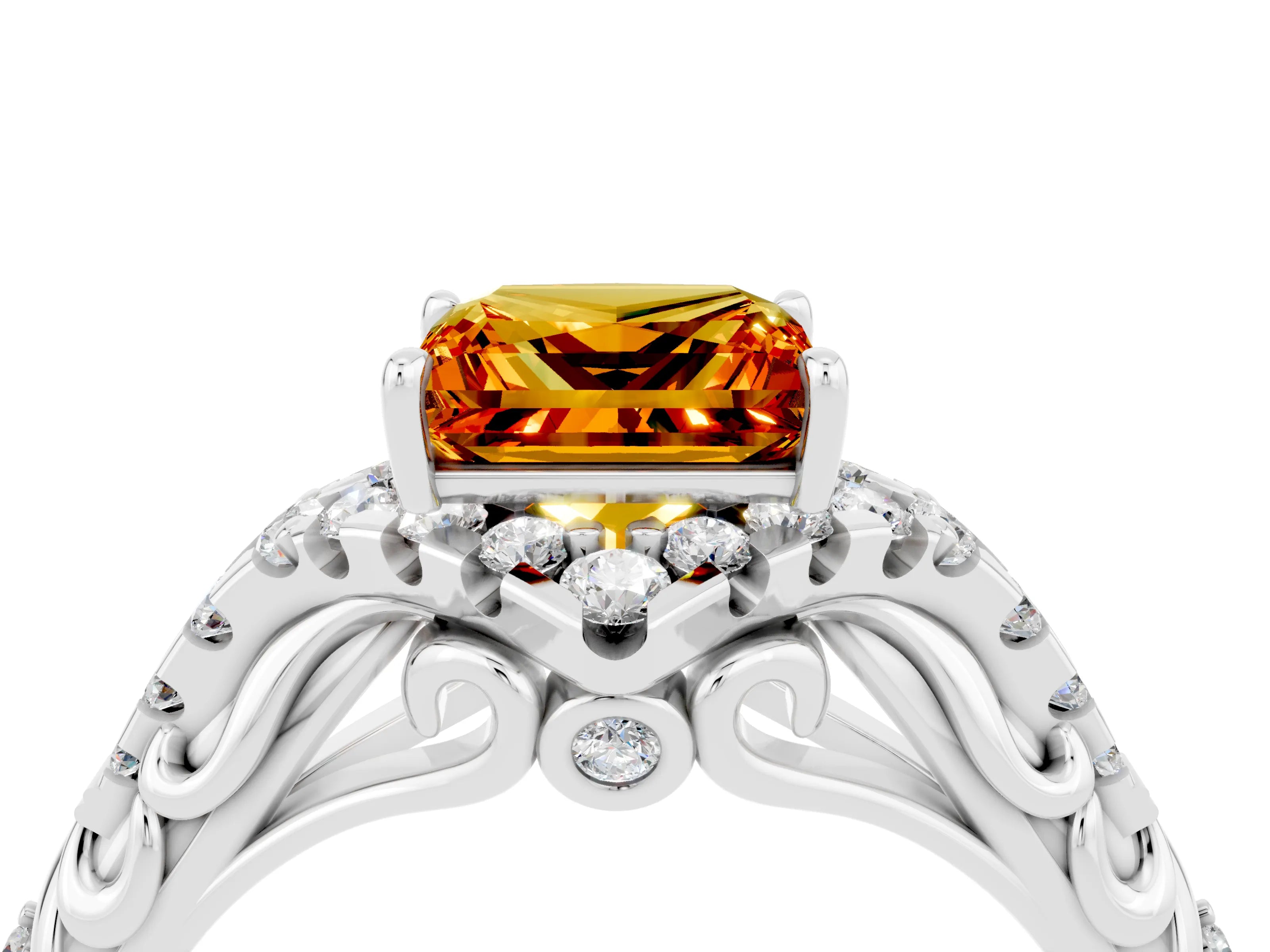 White gold Princess Cut Citrine Solitaire Ring with Hidden Halo and Pavé Band_16