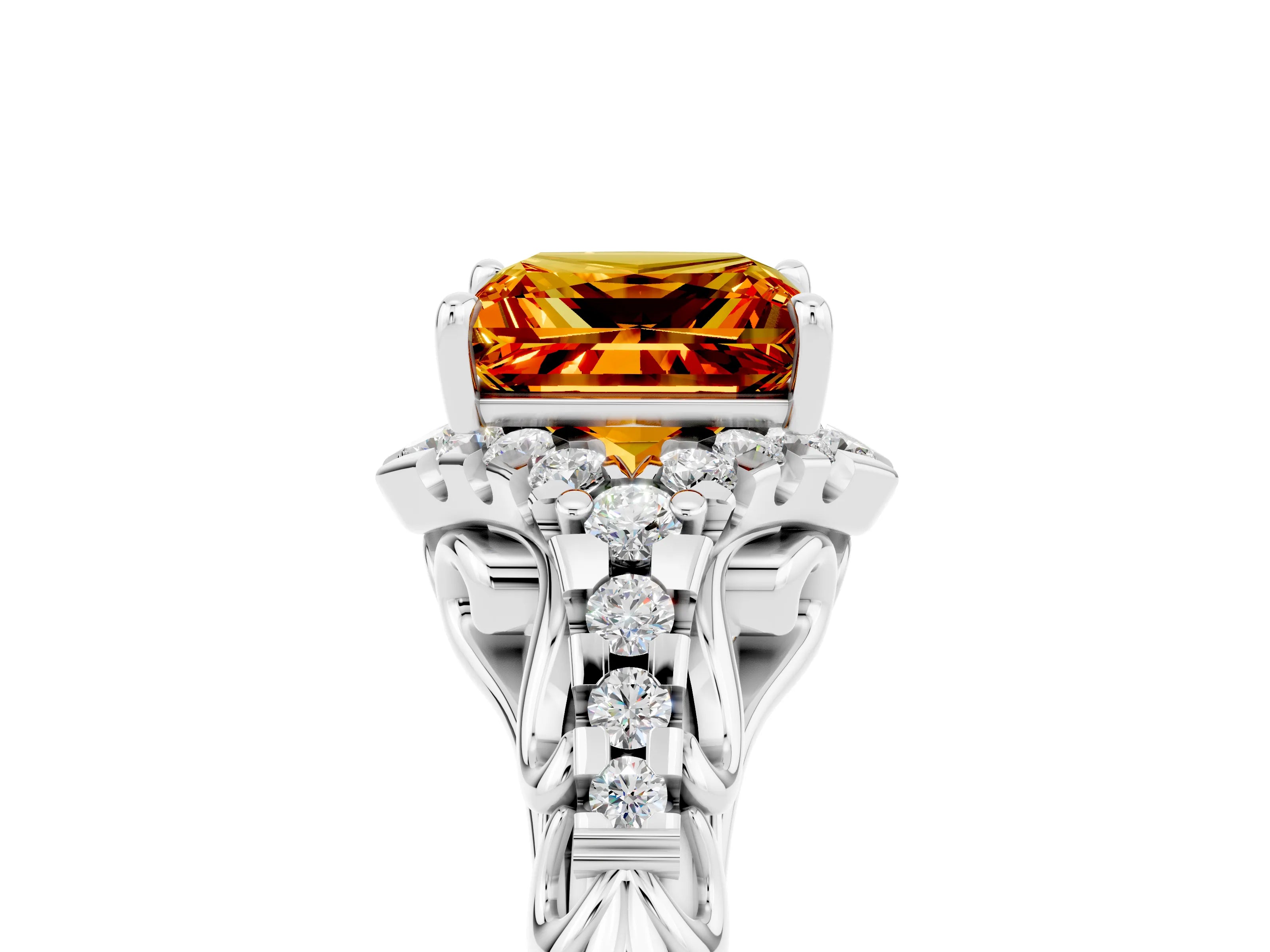 White gold Princess Cut Citrine Solitaire Ring with Hidden Halo and Pavé Band_17
