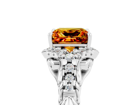 White gold Princess Cut Citrine Solitaire Ring with Hidden Halo and Pavé Band_17