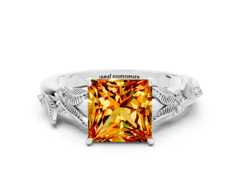 White gold Princess Cut Citrine Solitaire Ring with Leaf Motif Band and Four-Prong Setting_12