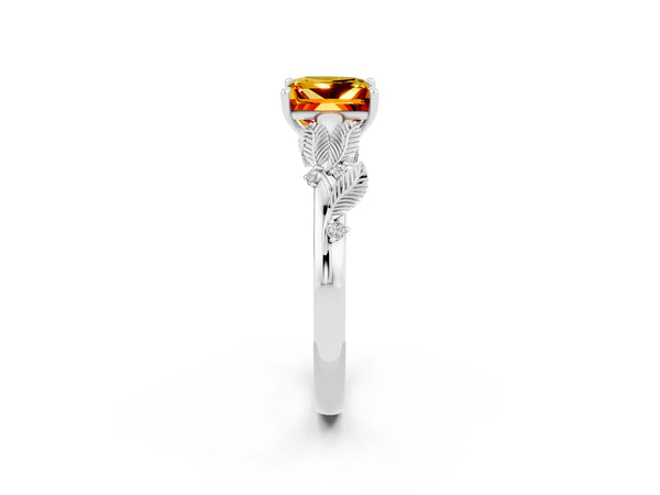 White gold Princess Cut Citrine Solitaire Ring with Leaf Motif Band and Four-Prong Setting
