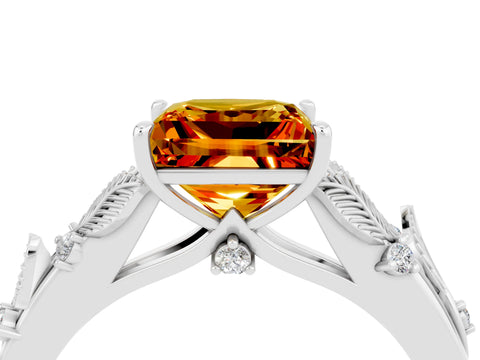 White gold Princess Cut Citrine Solitaire Ring with Leaf Motif Band and Four-Prong Setting_16