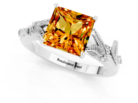 White gold Princess Cut Citrine Solitaire Ring with Leaf Motif Band and Four-Prong Setting_1