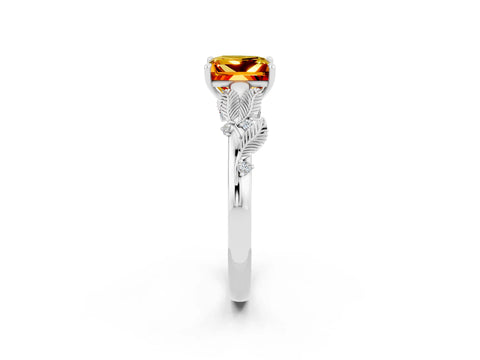 White gold Princess Cut Citrine Solitaire Ring with Leaf Motif Band and Four-Prong Setting_2