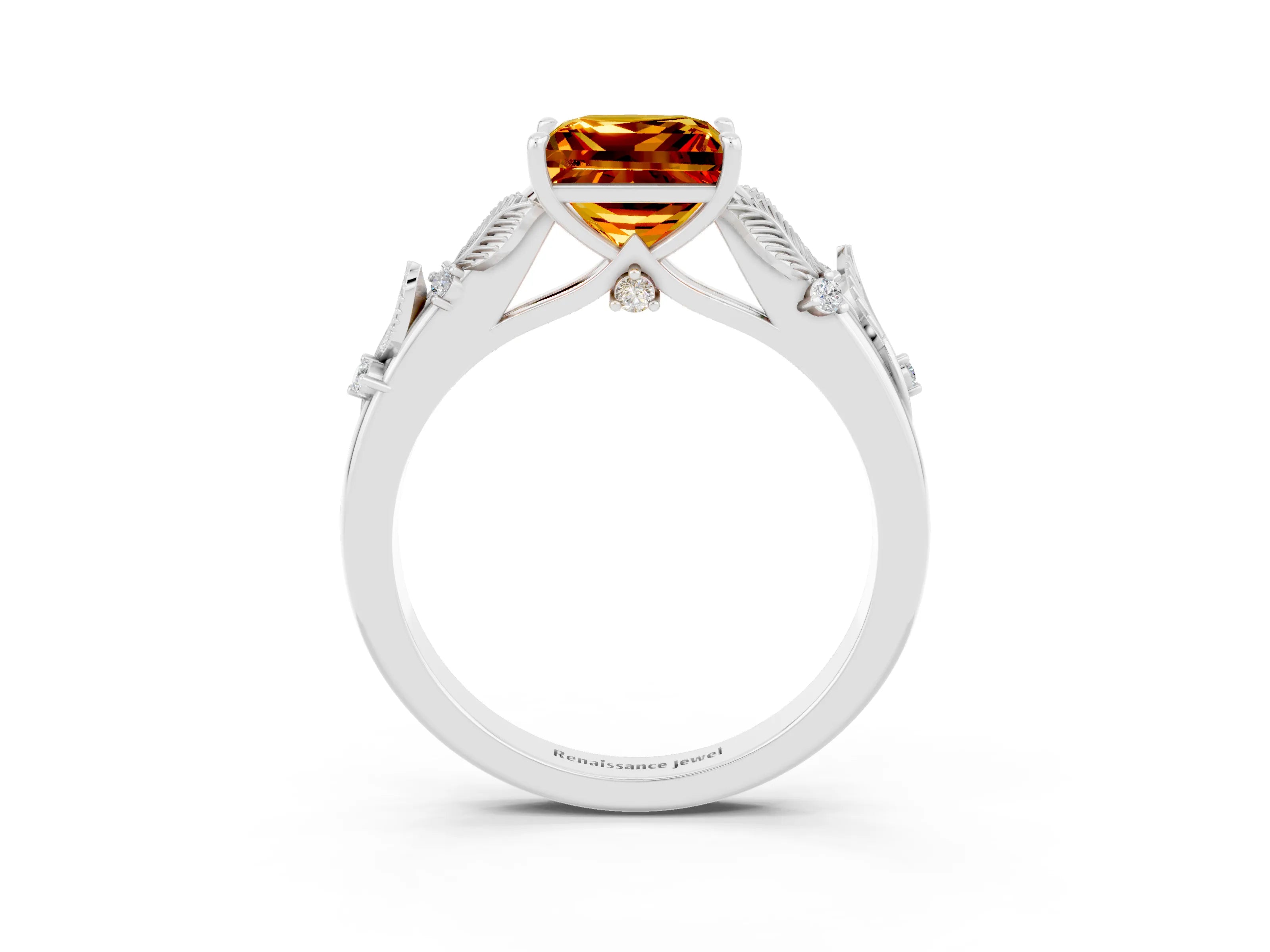 White gold Princess Cut Citrine Solitaire Ring with Leaf Motif Band and Four-Prong Setting_3