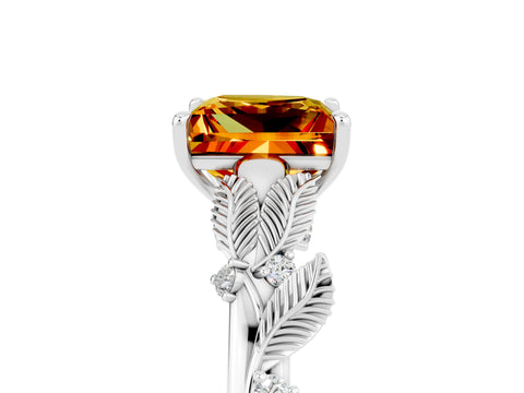 White gold Princess Cut Citrine Solitaire Ring with Leaf Motif Band and Four-Prong Setting_5