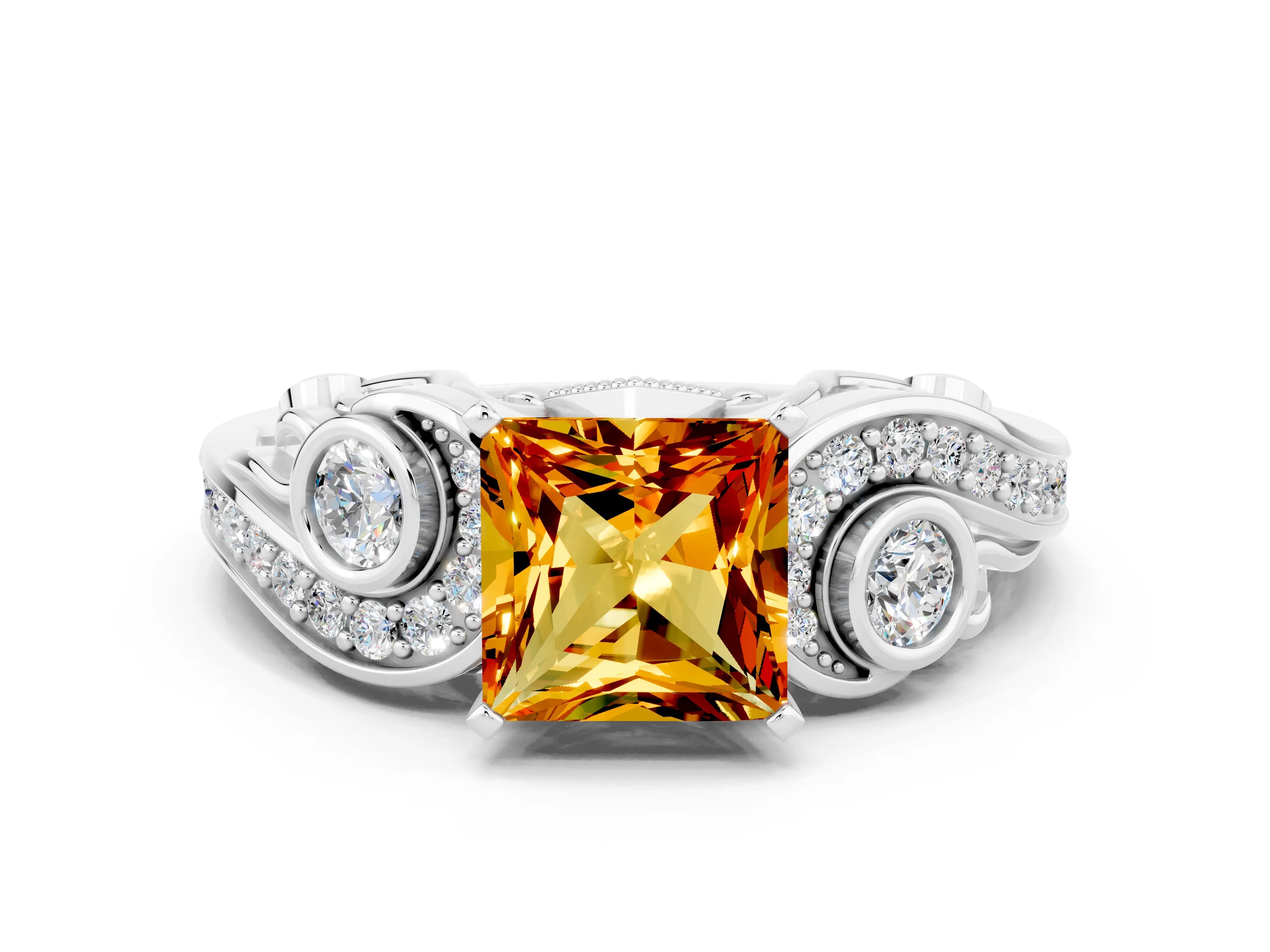 White gold Princess Cut Citrine Solitaire Ring with Milgrain Pavé Band and Four-Prong Setting_12