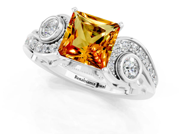 Platinum Princess Cut Citrine Solitaire Ring with Milgrain Pavé Band and Four-Prong Setting