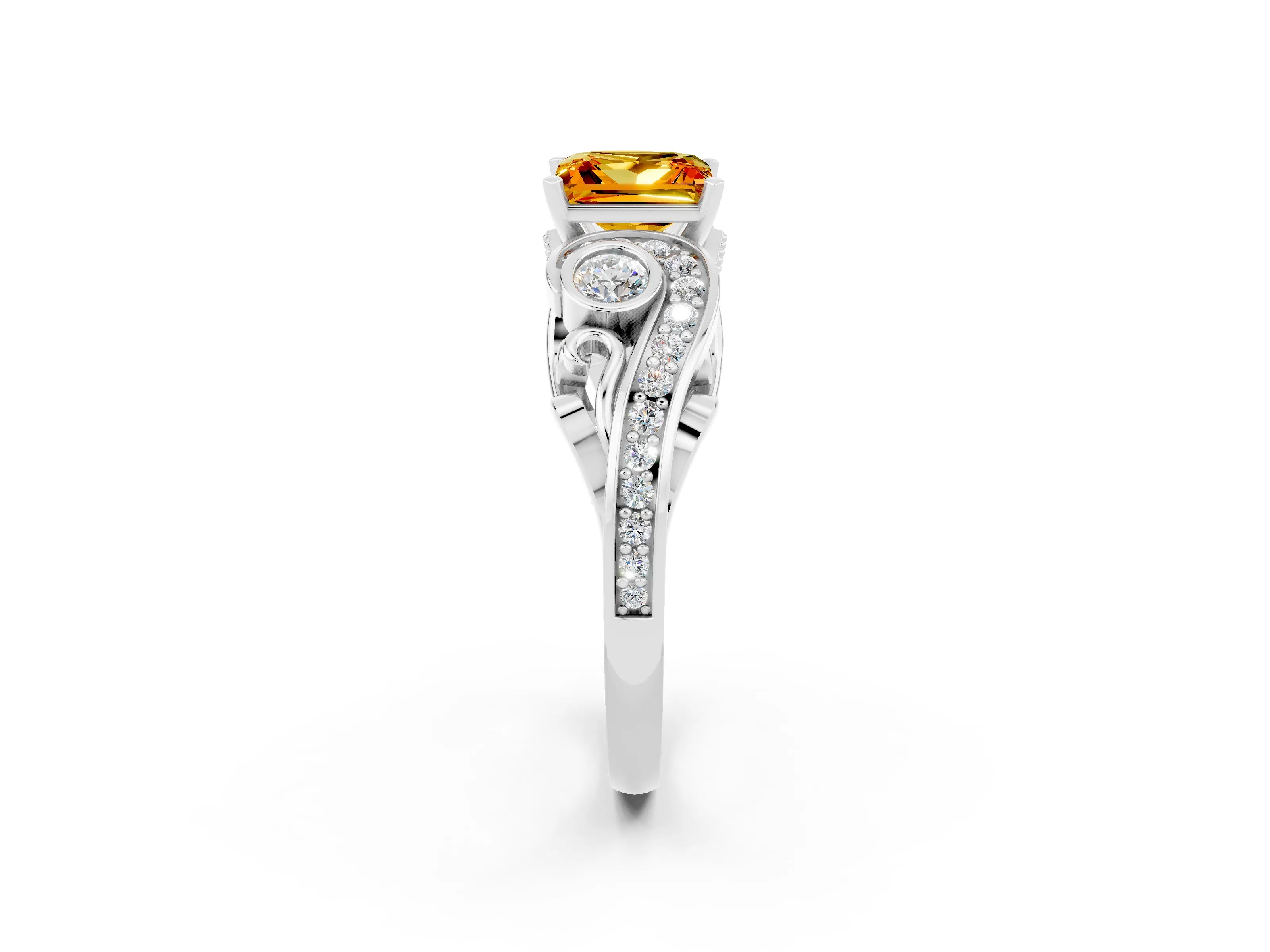 White gold Princess Cut Citrine Solitaire Ring with Milgrain Pavé Band and Four-Prong Setting_14