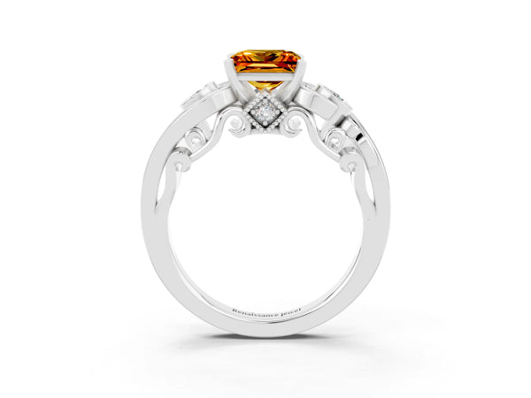 Platinum Princess Cut Citrine Solitaire Ring with Milgrain Pavé Band and Four-Prong Setting