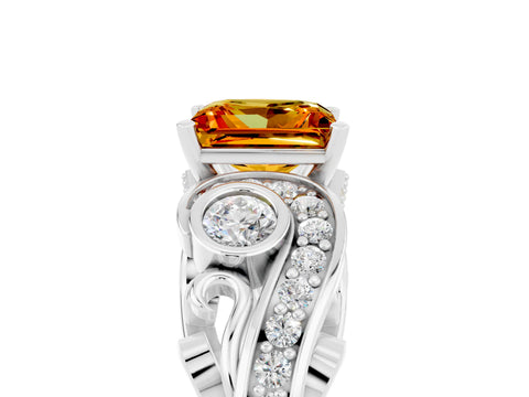 White gold Princess Cut Citrine Solitaire Ring with Milgrain Pavé Band and Four-Prong Setting_17