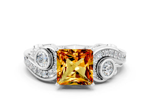 White gold Princess Cut Citrine Solitaire Ring with Milgrain Pavé Band and Four-Prong Setting_48
