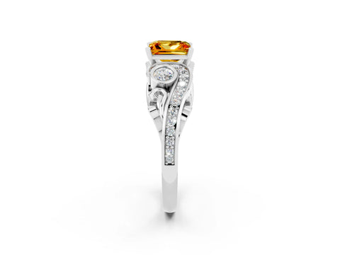White gold Princess Cut Citrine Solitaire Ring with Milgrain Pavé Band and Four-Prong Setting_50