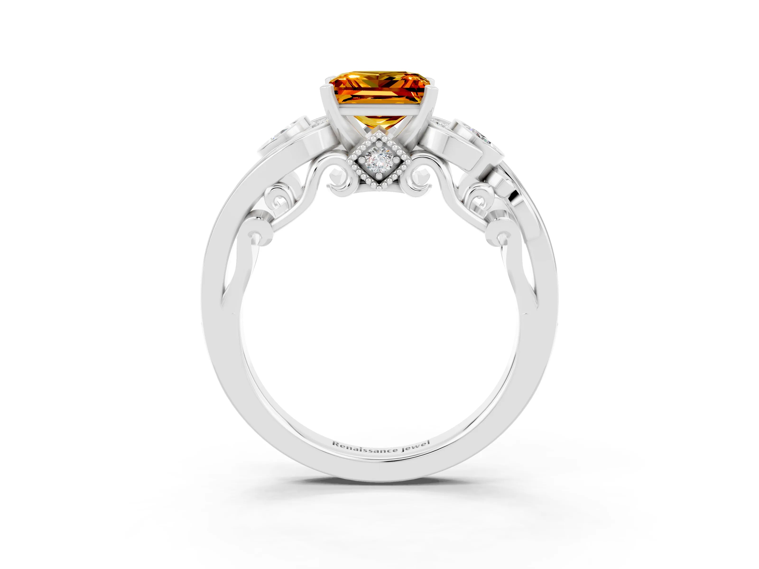 White gold Princess Cut Citrine Solitaire Ring with Milgrain Pavé Band and Four-Prong Setting_51