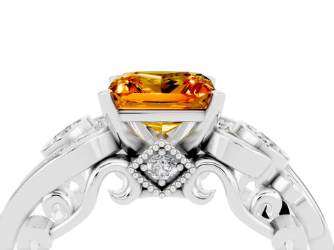 White gold Princess Cut Citrine Solitaire Ring with Milgrain Pavé Band and Four-Prong Setting_52